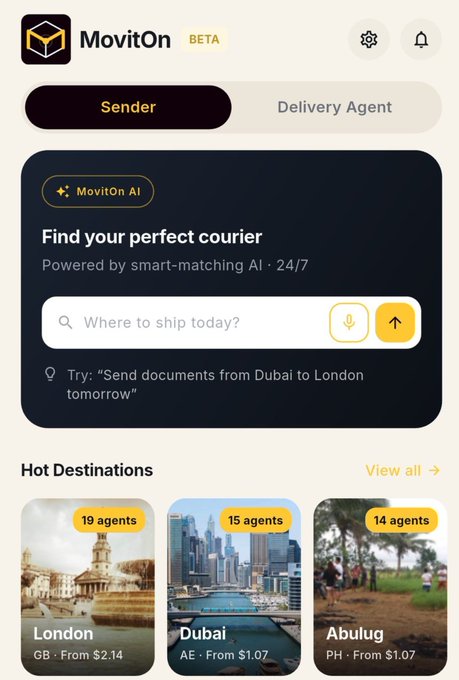 MovitOn Beta app interface showing the "Sender" tab with an AI-powered courier search bar and hot destination cards: London (19 agents, from $2.14), Dubai (15 agents, from $1.07), and Abulug (14 agents, from $1.07). The screenshot illustrates the platform's peer-to-peer shipping matching service mentioned in the post, highlighting how senders can find couriers heading to specific destinations.
