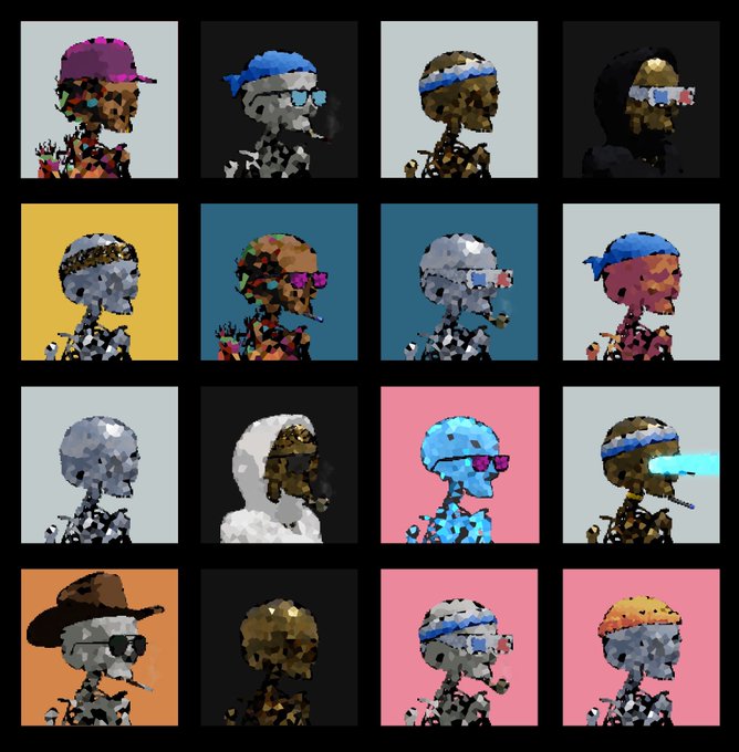 A pixel art collage shows 16 variations of skeleton/alien figures with different colored heads, wearing accessories like caps, hoods, sunglasses, and headbands arranged in a 4x4 grid.