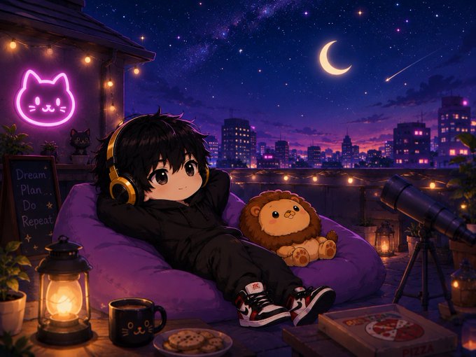 Anime-style illustration of a young boy with black hair and yellow headphones lounging on a purple beanbag chair on a rooftop patio at night, accompanied by a stuffed lion, a telescope, pizza, a cat-themed neon sign, and a chalkboard reading 'Dream Plan Do Repeat'.