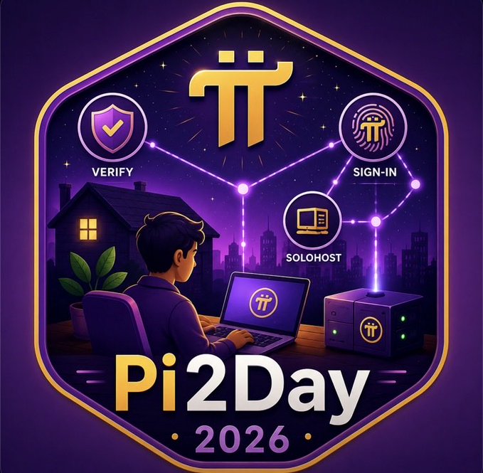 A hexagonal promotional graphic for 'Pi2Day 2026' featuring the Pi Network logo, a user on a laptop, and icons labeled 'VERIFY', 'SIGN-IN', and 'SOLOHOST'.
