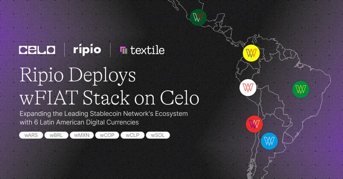 Announcement banner stating 'Ripio Deploys wFIAT Stack on Celo,' expanding stablecoin support with 6 Latin American digital currencies (wARS, wBRL, wMXN, wCOP, wCLP, wSOL) shown over a map of South America.