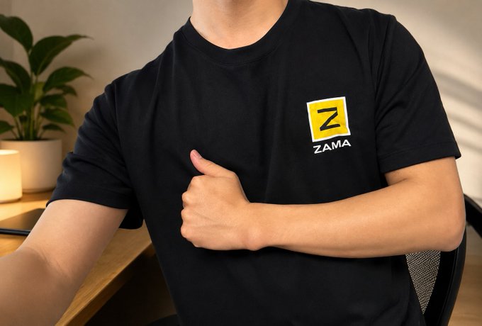 A person wearing a black t-shirt featuring a yellow logo with a 'Z' and the text 'ZAMA', giving a thumbs-up gesture while sitting in a chair.