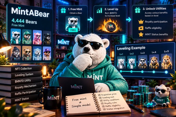 A promotional graphic for 'MintABear' NFT collection showing 4,444 bears available for free mint, with sections on leveling system, royalty participation, and MINT status benefits.