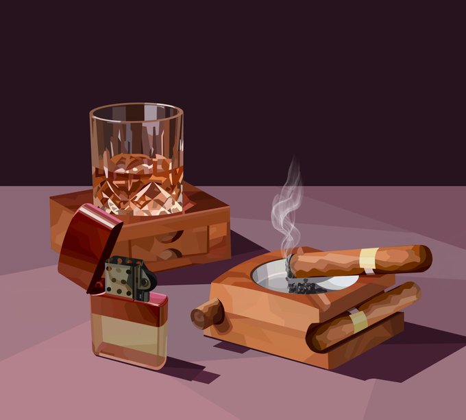 A low-poly 3D illustration of a glass of whiskey, a smoking cigar in an ashtray, and an open red lighter on a purple surface.