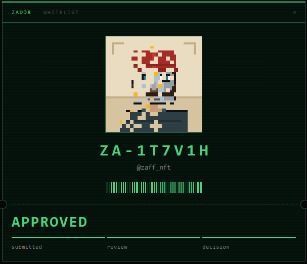 A digital interface displays a pixel art avatar with red hair, labeled 'ZA-1T7V1H' and '@zaff_nft', with a barcode and the word 'APPROVED' indicating a whitelist status.