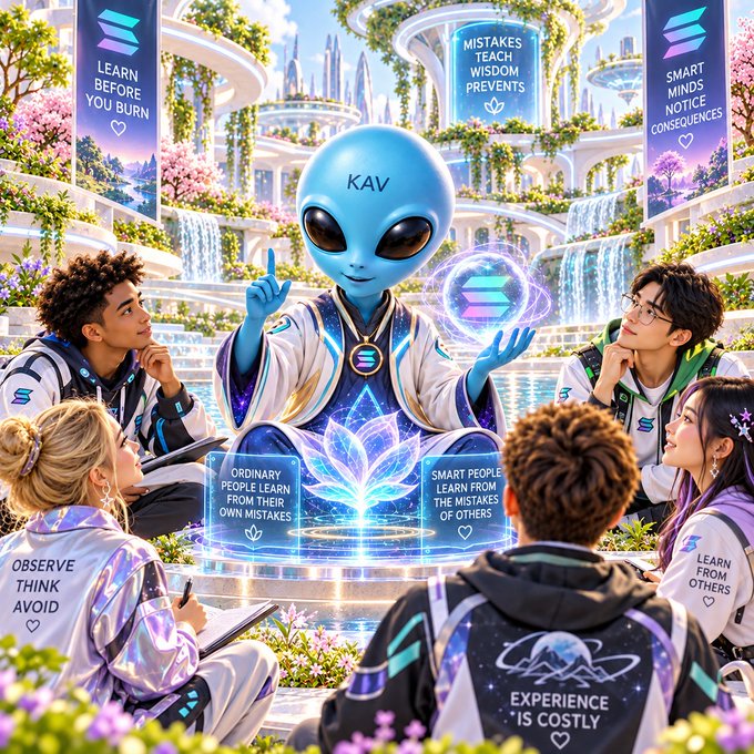 AI-generated art shows a blue alien labeled 'KAV' teaching seated students, with banners reading 'LEARN BEFORE YOU BURN', 'MISTAKES TEACH WISDOM PREVENTS', 'SMART MINDS NOTICE CONSEQUENCES', 'ORDINARY PEOPLE LEARN FROM THEIR OWN MISTAKES', 'SMART PEOPLE LEARN FROM THE MISTAKES OF OTHERS', 'OBSERVE THINK AVOID', 'LEARN FROM OTHERS', and 'EXPERIENCE IS COSTLY'.