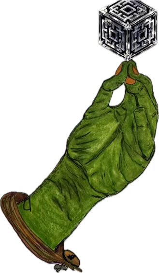 An illustration of a grotesque green hand reaching upward to support a metallic, ornate cube.