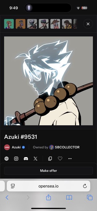 A mobile screenshot of an OpenSea NFT listing page displaying 'Azuki #9531' with anime character artwork, showing ownership by SBCOLLECTOR with a 'Make offer' button at the bottom.