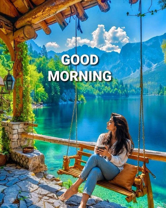 A woman peacefully sits on a wooden swing overlooking a serene turquoise lake and majestic mountains, with "GOOD MORNING" displayed prominently across the sky—perfectly capturing the post's message of embracing nature's beauty and new daily possibilities.
