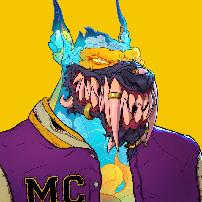 A colorful digital illustration of a monstrous character with blue and orange skin, sharp fangs, and horns, wearing a purple letterman jacket with the letters 'MC'.