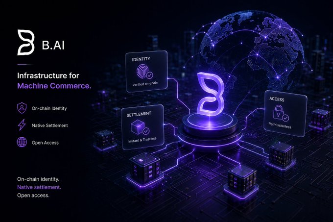 A promotional graphic for 'B.AI' describes it as 'Infrastructure for Machine Commerce' with on-chain identity, native settlement, and open access.
