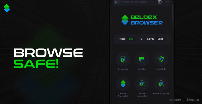 A promotional graphic for 'BELDEX BROWSER' with the slogan 'BROWSE SAFE!' showing a mobile app interface displaying a 1.0000 BDX to 0.0737 USDT exchange rate.