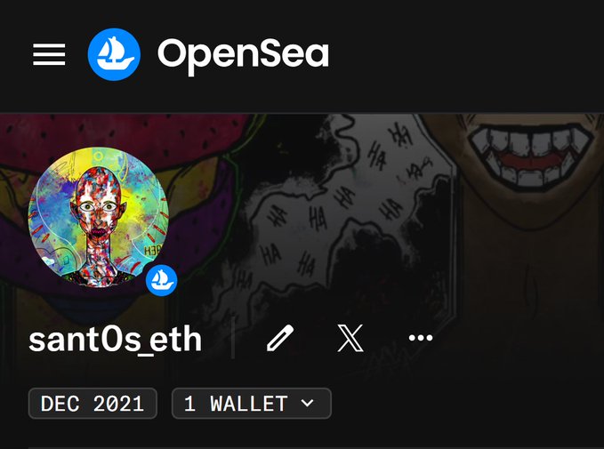 An OpenSea profile page for user 'sant0s_eth', showing their colorful profile picture, 'DEC 2021' member since, and '1 WALLET'.