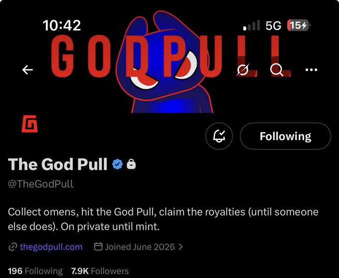 A Twitter/X profile for "The God Pull" (@TheGodPull) with a blue cartoon character avatar, bio: "Collect omens, hit the God Pull, claim the royalties (until someone else does). On private until mint." with 7.9K followers.