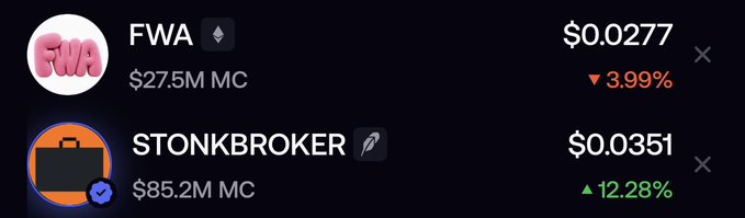 A crypto price tracker displays FWA at $0.0277 with a 3.99% drop and a $27.5M market cap, alongside STONKBROKER at $0.0351 with a 12.28% gain and $85.2M market cap—two memecoins humorously positioned as underdog tokens "trying to make crypto great again."