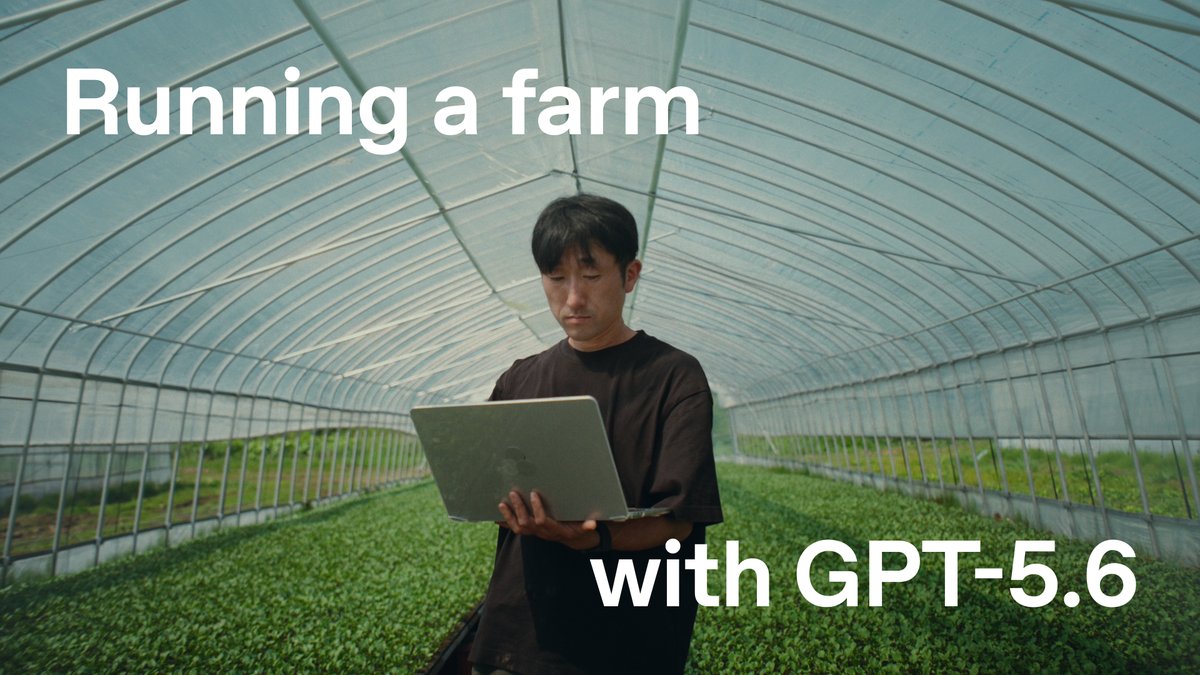 A man stands inside a curved greenhouse using a laptop, with overlaid text reading "Running a farm with GPT-5.6."

The image humorously visualizes the post's suggestion to leave crypto behind and embrace broccoli farming, showing modern agriculture powered by AI rather than blockchain.