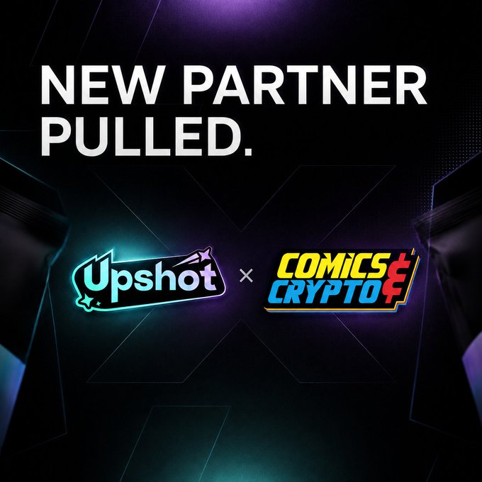 A promotional graphic with the text 'NEW PARTNER PULLED.' showing a collaboration between the logos for 'Upshot' and 'COMICS CRYPTO'.