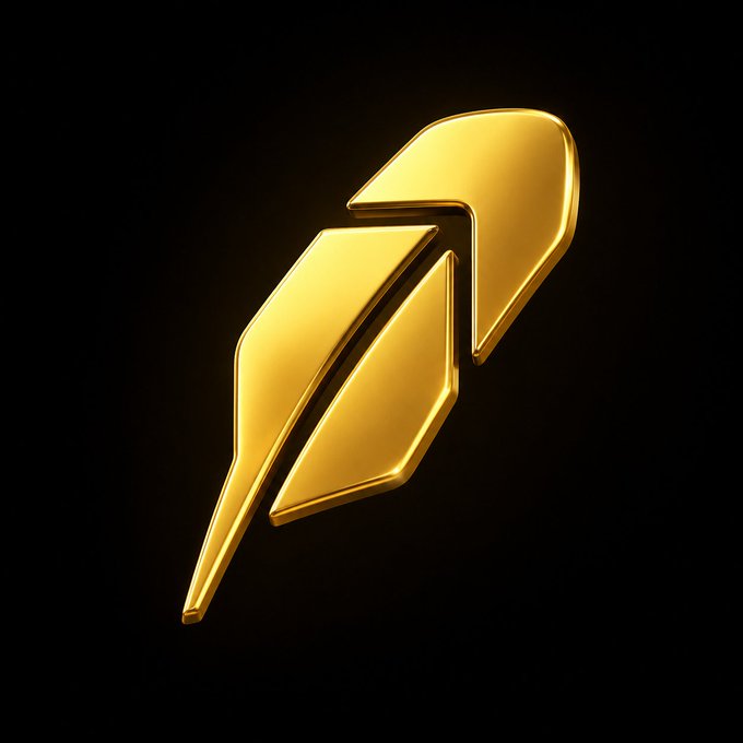 A glossy, 3D golden lightning bolt logo set against a black background, symbolizing energy and momentum. The sleek, metallic design aligns with a "Robinhood Project" theme, evoking themes of swift action, wealth, and striking power associated with the brand's identity.