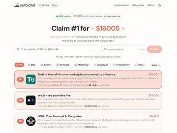 Screenshot of the Outbid.io website homepage announcing 'Claim #1 for $16005' with a list of products like 'Tutti' and 'Link Jo'.
