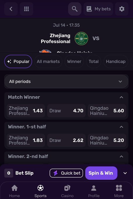A mobile screenshot of the Dexsport betting app shows live odds for a Jul 14 17:35 match between Zhejiang Professional and Qingdao Hainiu, with Zhejiang Professional favored at 1.43 odds. The interface displays multiple betting markets (Match Winner, Winner 1st half, Winner 2nd half) alongside options like "Quick bet" and "Spin & Win," illustrating the platform's user-friendly design highlighted in the promotional post.