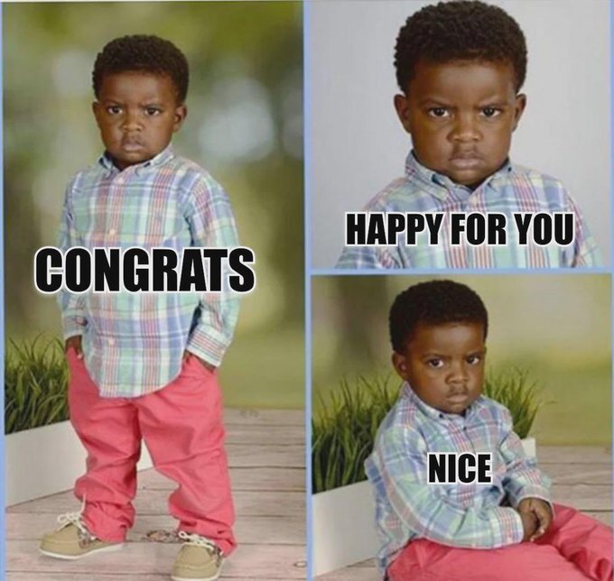 The image is a three-panel meme featuring a young boy with a notably unimpressed or suspicious expression, wearing a plaid shirt and red pants, with text overlays reading "CONGRATS," "HAPPY FOR YOU," and "NICE."

The meme is used to convey forced politeness toward someone (in this case, possibly a stock ticker like "rh") succeeding or making moves, while the poster remains unconvinced—matching the skepticism in the post about not seeing compelling action yet and watching with wary skepticism.