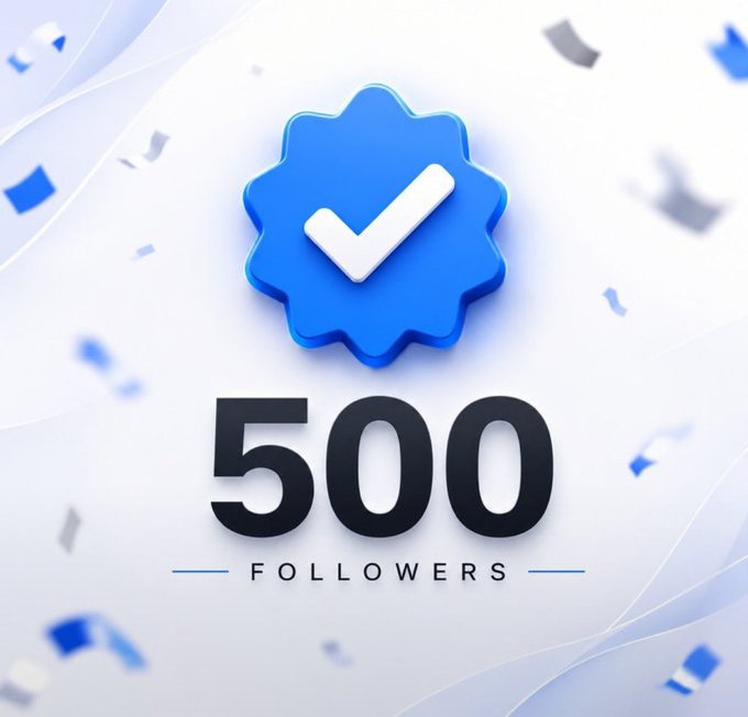 A blue verified badge with a white checkmark sits above the bold text "500 FOLLOWERS," celebrating a social media milestone. The image ties into the post's call to action, encouraging users to follow for continued growth beyond 500 followers.