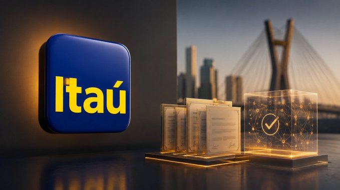 A blue Itaú bank logo next to golden documents and a holographic checkmark cube, with a cityscape and bridge in the background.