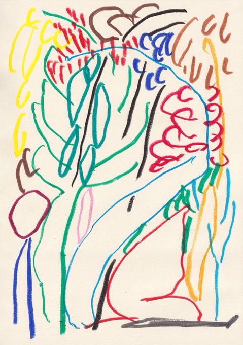 A colorful, abstract line drawing of a figure with vibrant squiggles in yellow, green, blue, red, and black.