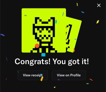 A TikTok notification screen with confetti reading 'Congrats! You got it!' featuring a pixel art icon on a yellow-green background, with buttons to 'View receipt' and 'View on Profile'.