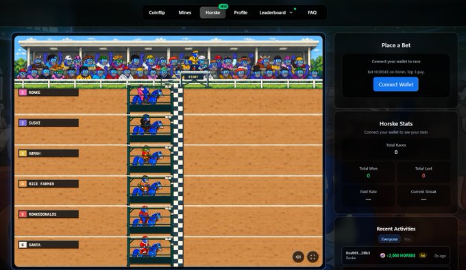 Screenshot of a horse racing betting interface titled 'Horske' with pixel-art horses in starting gates labeled KONSE, KONEX, AURRI, KCCE_FARMER, KONKEDWIOSOS, and SARTA, alongside a 'Place a Bet' wallet connection panel.
