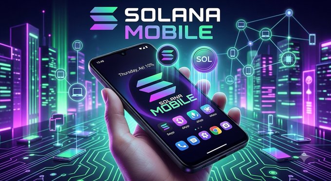 A stylized digital advertisement for 'Solana Mobile' shows a hand holding a smartphone displaying the Solana logo and app icons against a cyberpunk cityscape with glowing circuit board patterns.