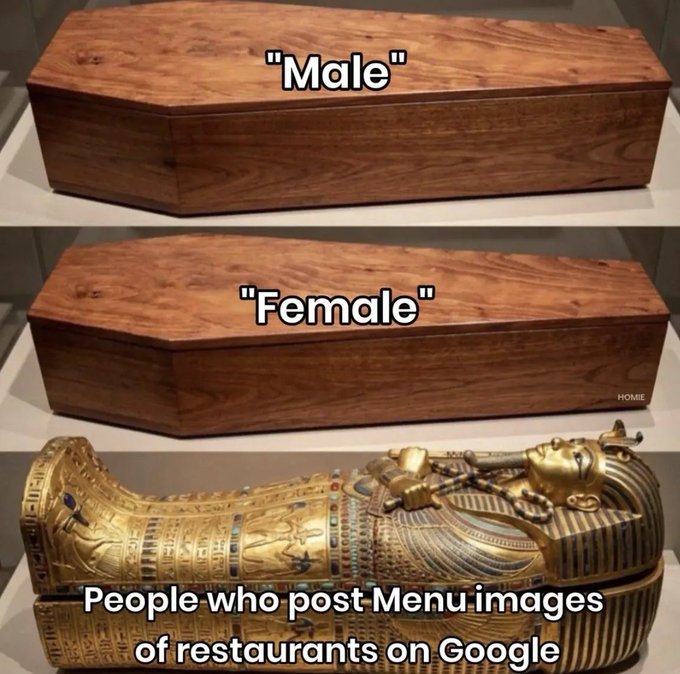 The image is a three-panel meme: two nearly identical wooden coffin lids labeled "Male" and "Female," followed by an ornate golden sarcophagus captioned "People who post Menu images of restaurants on Google," humorously suggesting such people should be celebrated as royalty while regular photo posters are boring and coffin-like. The accompanying Vietnamese post about Solana breaking $280 and ETF inflows doesn't relate to the meme's content, making it a random or mismatched pairing.