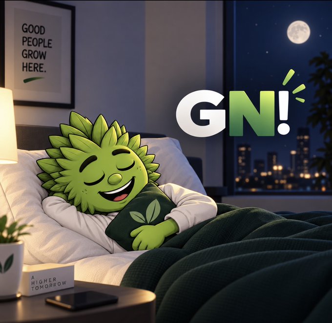 A cartoon marijuana bud character sleeps peacefully in bed holding a leaf-printed pillow, with the text "GN!" (good night) displayed alongside framed wall art reading "GOOD PEOPLE GROW HERE" and "A HIGHER TOMORROW," tying the nighttime rest theme to cannabis culture referenced in the $WEED ticker.