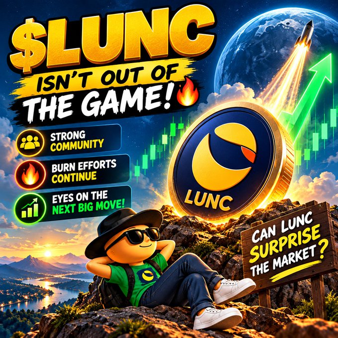 A promotional graphic for the cryptocurrency $LUNC with the text '$LUNC ISN'T OUT OF THE GAME!' and features like 'STRONG COMMUNITY', 'BURN EFFORTS CONTINUE', and 'EYES ON THE NEXT BIG MOVE!'. It includes a sign asking 'CAN LUNC SURPRISE THE MARKET?' and a cartoon character in a green LUNC shirt relaxing on a cliff.