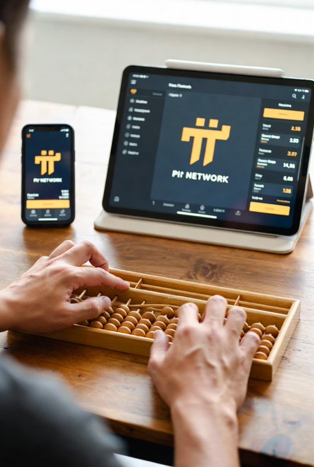 A person uses a wooden abacus while monitoring "Pi NETWORK" cryptocurrency data on a tablet and phone. The image symbolizes careful calculation and risk assessment, fitting the post's message about the Federal Reserve's potential impact on crypto markets through interest rate changes.