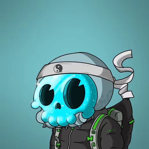 A digital illustration of an alien-like character with a translucent blue head, large black eyes, and a yin-yang headband, wearing a dark jacket.