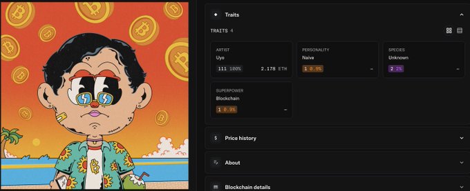 A digital NFT listing showing a cartoon character with large sad eyes and dollar signs, labeled Artist 'Oyu,' Personality 'Naive,' Species 'Unknown,' and Superpower 'Blockchain,' priced at 2.178 ETH.