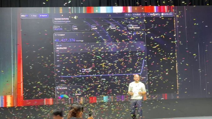 A man standing on stage during a presentation while colorful confetti rains down in front of a large screen displaying analytics charts and metrics.