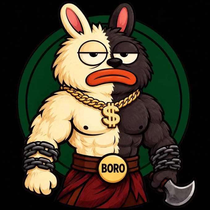 A cartoon illustration of a muscular, half-cream and half-black furry character wearing a gold '$' chain, a 'BORO' belt buckle, and chains on its wrists while holding an axe.