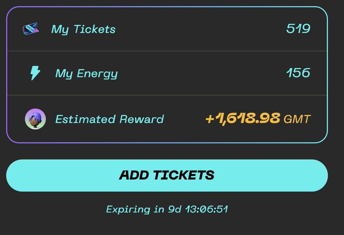 A dark-themed app interface showing 'My Tickets 519', 'My Energy 156', 'Estimated Reward +1,618.98 GMT', an 'ADD TICKETS' button, and 'Expiring in 9d 13:06:51'