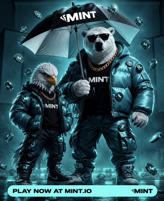 A promotional poster for MINT featuring a polar bear and eagle wearing sunglasses, gold chains, and puffer jackets, standing under a 'MINT' umbrella amid falling $M coins, with text 'PLAY NOW AT MINT.IO'.