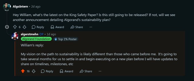 A Reddit thread screenshot where user 'AlgoIntern' asks about the King Safety Paper and Algorand's sustainability plan, with 'algorstmehn OP' providing a top reply from William stating that a new sustainability plan will take several months to execute.