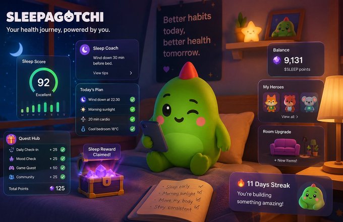 A cheerful green mascot sits in a cozy bedroom surrounded by dashboard widgets showing a "SLEEPAGOTCHI" Sleep Score of 92, 9,131 SLEEP points, an 11-day streak, and daily quests—capturing the gamified sleep-tracking experience the post praises for replacing ineffective 12-hour crash sleep with healthier, consistent habits.