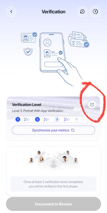 A verification app screen showing 'Level 3: Portrait With App Verification' with a hand-drawn red circle highlighting a refresh/sync icon next to the verification level indicator.