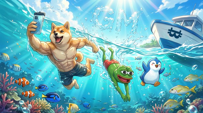 The image features a cartoon scene of three cartoon characters - a muscular dog, a frog, and an octopus - swimming underwater with a boat nearby. The text "GM Hustlers!" is written above them, indicating that they are part of a group or team. The background shows a blue sky and water, creating a lively atmosphere for the scene.