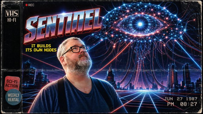 A retro VHS-style sci-fi cover titled 'SENTINEL' with the tagline 'IT BUILDS ITS OWN NODES' shows a bearded man with glasses before a neon eye and futuristic cityscape, dated 'JUN 27 1987 PM 08:27'.