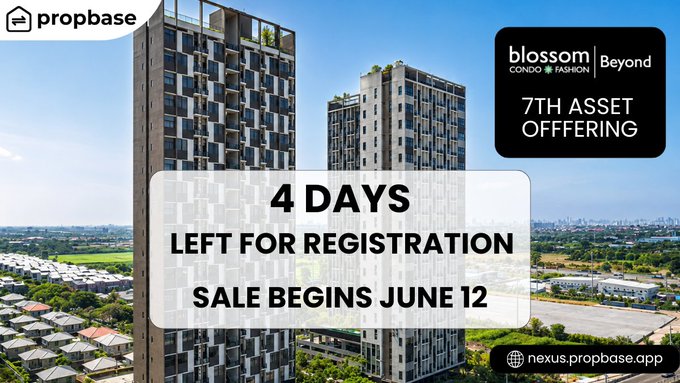 The image features a city skyline with tall buildings, including one that appears to be a property development company named "Blossom". The text in the image reads "PROPBASE 7th ASSET OFFERING Blossom Beyond", which indicates that there is an offer for a property development company called "Blossom" located in the city. The post also mentions that there are 4 days left for registration, and it's an early bird special where you can get a 7th asset offering at 7:00 AM on June 12th.