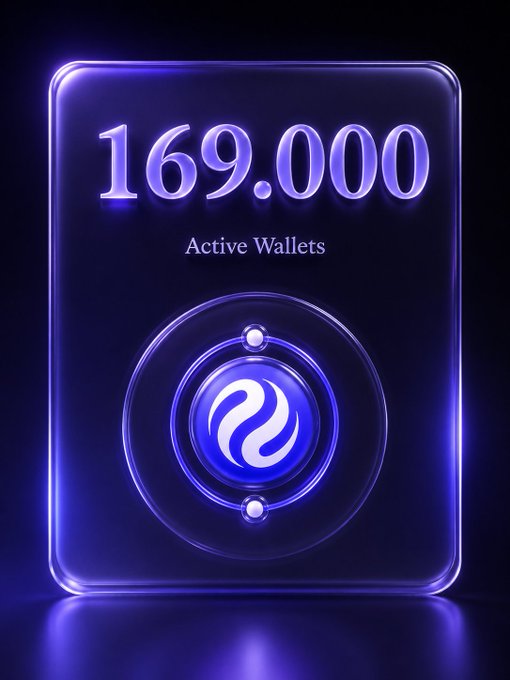 A dark blue illuminated display showing '169.000 Active Wallets' above a glowing circular emblem, suggesting a cryptocurrency or fintech dashboard.
