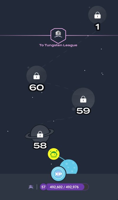 A mobile game progression map showing locked levels (1, 58, 59, 60) leading to the 'Tungsten League' with a progress bar at 492,602/492,976 XP.