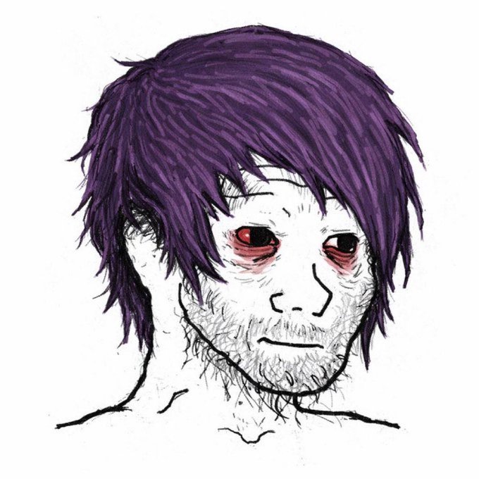 A crudely drawn digital portrait of a gaunt, exhausted-looking figure with messy purple hair, hollow bloodshot eyes, and stubble, evoking a "doomer" or "wojak" aesthetic. The disheveled, melancholic appearance fits the "Gmonad" caption, suggesting a weary or depressed take on crypto/internet culture.